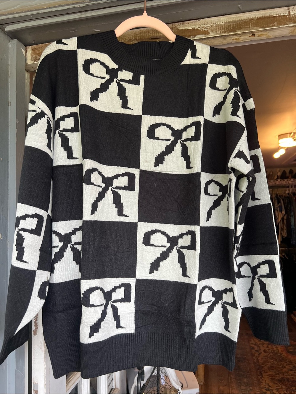 Amazon Black and White Checkerboard Bow Sweater